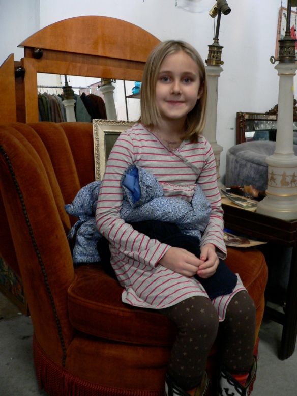 Lovely young lady in velvet boudoir chair ($200) from Jaybird of Bellport, L.I.